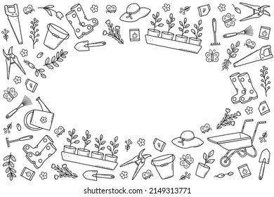 Herramientas de jardín y plantas, un conjunto de ilustraciones de doodles vectoriales. Jardinería conceptual, pasatiempo de verano
