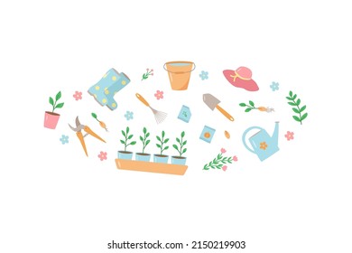 Garden tools and plants, a set of vector doodle illustrations. Concept gardening, a summer hobby.