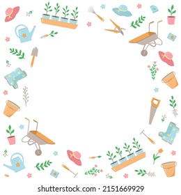 Garden tools and plants, a set of vector doodle illustrations. Concept gardening, a summer hobby
