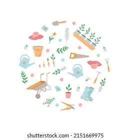 Garden tools and plants, a set of vector doodle illustrations. Concept gardening, a summer hobby