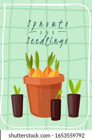 Garden tools poster. Cartoon style. Inventory, flower bulbs in a pot, the process of planting, seedling. Vector illustration