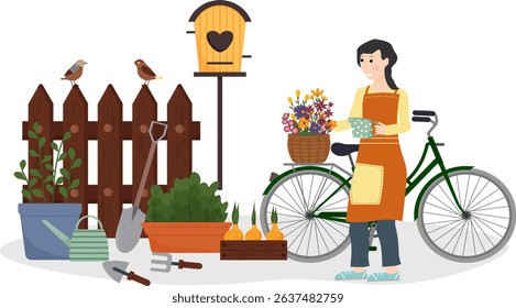 Garden tools. Pots with plants near the fence. Birds and a birdhouse. Gardening in spring. Garden improvement. Girl with a bicycle. Basket with wild flowers. Vector illustration