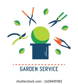 Garden tools for pruning and trimming trees and shrubs are around the potted bush: clippers, pruners, hand shears, topiary shears, blade, loppers. Tree pruning service icon. Flat vector illustration.