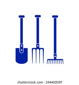 Garden tools, rake, shovel, fork, vector icons