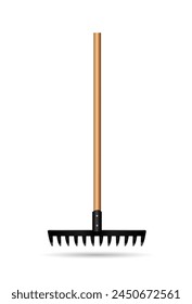 Garden tools. Rake with wooden handle on white background. Vector illustration