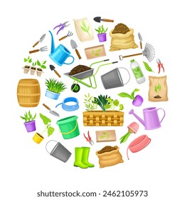 Garden Tools Round Composition Design with Handy Instrument Vector Template