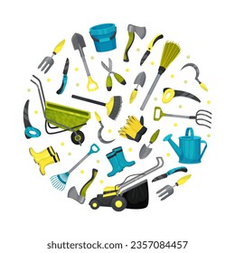 Garden Tools Round Composition with Handy Instrument Vector Template