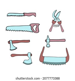 Garden tools. Garden scissors, axe, two-handed saw, hacksaw, hammer. Doodle illustration. Vector elements for design.