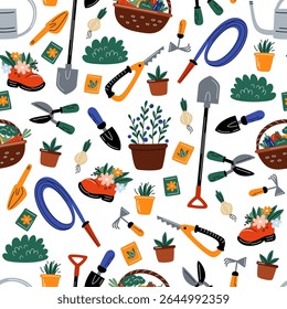 Garden tools seamless pattern. Agriculture equipment. Gardener shovel and rake. Watering hose. Repeated print. Hoe and gardening shears. Vegetable harvest basket. Vector