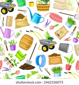 Garden Tools Seamless Pattern Design with Handy Instrument Vector Template