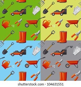 garden tools seamless pattern in four different color background