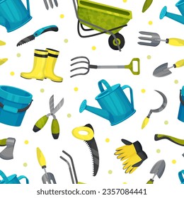 Garden Tools Seamless Pattern with Handy Instrument Vector Template