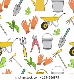 Garden tools seamless pattern on a white background.  Shovel, watering can, gardening gloves, bucket, pruning shears, pitchfork, garden cart. Sprouts, small plants. 