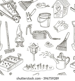 Garden tools seamless pattern. Various equipment and facilities for gardening and agriculture.  Vintage illustration for identity, design, decoration, packages product and interior decorating.