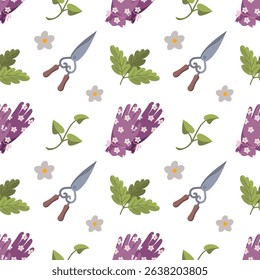 Garden tools seamless pattern with vegetables. Cute garden scissors and plants background. Gardening or horticulture concept for print, packaging, wallpaper, textil. Vector flat illustration.
