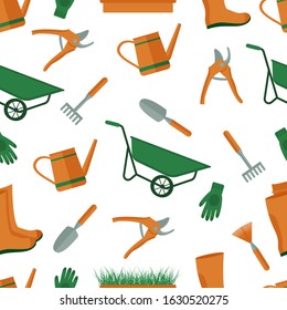 Garden tools seamless. Vector cartoon countryside pattern. Farm objects background.