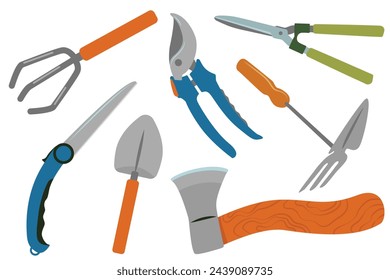 garden tools. Secateurs, axe, saw, shovel, saw, rake, scissors