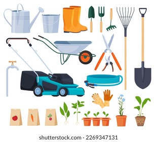 Garden tools and seedlings. Caring for a beautiful and well-kept home territory, a garden, a vegetable garden, a flower bed. Vector illustration