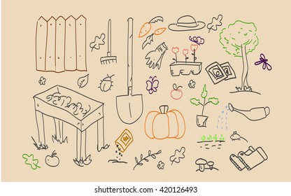 Garden tools semicolor doodle set. 