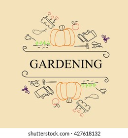 Garden tools semicolor doodle set with typographic element 