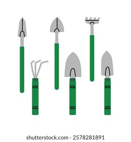 Garden tools set in cartoon style – shovels, rake, trowels, and hand cultivator.