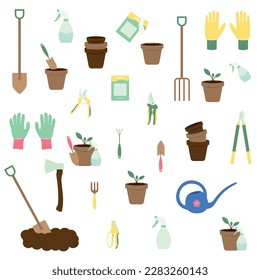 Garden tools set. Collection of objects and elements connected to gardening and farming. Vector illustration