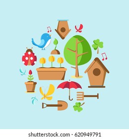 Garden tools set collection with tree, pot, ground, watering can, bird house and many other objects vector illustration
