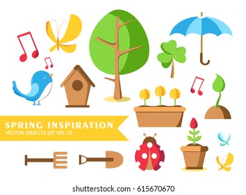 Garden tools set collection with words spring inspiration and ladybird, pot, ground, watering can, bird house and many other objects vector illustration