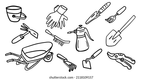 Garden tools set in doodle style. Isolated vector.