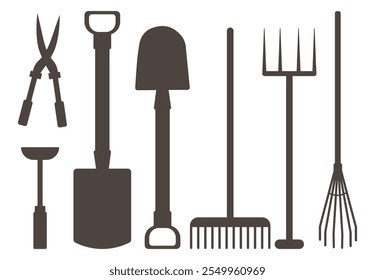 Garden tools set. Farming and agriculture. Secateurs, rakes and shovels. Cultivation and gardening. Equipment for horticulture and botany. Flat vector collection isolated on white background