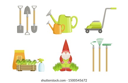 Garden Tools Set, Gardening Equipment, Shovel, Watering Can, Gnome, Rakes, Lawnmower Vector Illustration