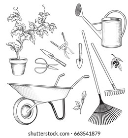 Garden tools set. Gardening plant, watering can, wheelbarrow, rake, shovel, spade, cart engraved signs