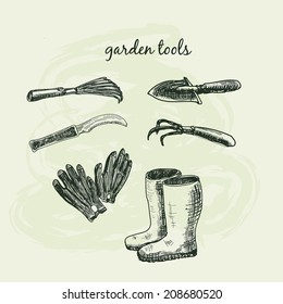 Garden tools. Set of hand drawn graphic illustrations.