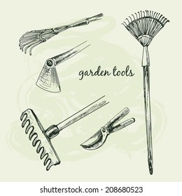 Garden tools. Set of hand drawn graphic illustrations.