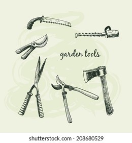 Garden tools. Set of hand drawn graphic illustrations.