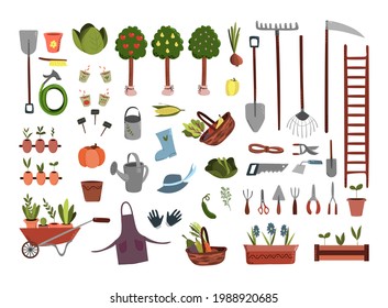 Gartenwerkzeuge in handgezeichnetem Stil. Sammlung von Objekten und Elementen aus der Gartenarbeit und der Landwirtschaft. Isolierte Vektorclip-Kunstgrafik
