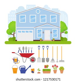 Garden tools set, house exterior. Vector. Residential cottage with lawn, tree, bush. Home gardening facade. Front view building. Modern townhouse flat design. Cityscape background Cartoon illustration