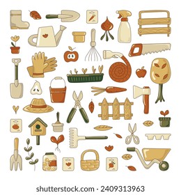 garden tools set of icons. Design of garden shop, garden centers. All objects are separated. Vector illustration.
