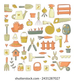 garden tools set of icons. Design of garden shop, garden centers. All objects are separated. Vector illustration.