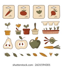 conjunto de ícones de ferramentas de jardim. Design de loja de jardim, centros de jardim. Todos os objetos são separados. Ilustração vetorial.