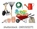 Garden tools set. Potted flower, watering can and bag with soil. Shovel, rake, forks and clay pots.Garden wheelbarrow with potted flowers.Gardening concept or supplies for backyard.Vector illustration