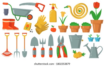 Juego de herramientas de jardín. Ilustraciones de rastrillo, pala, cubo, cortador, tenedor, guantes, maceta, carreta, manguera, botas de goma sobre fondo blanco. Para los equipos de trabajo de jardinería, agricultura, horticultura