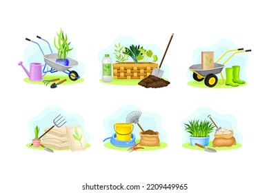Garden tools set. Sack of soil, wheelbarrow, watering can, shovel, rake and seedlings agricultural objects vector illustrationh