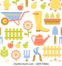 Garden tools set. Seamless spring garden background.