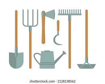 Garden tools set. Shovel, pitchfork, watering can, axe, sickle, rake, hoe.