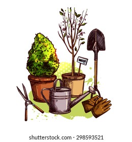 Garden tools set with sketch plants in pots and seedling equipment vector illustration