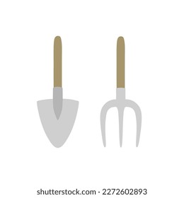 Garden Tools. A set of small shovel and rake. Planting plants and vegetables. Taking care of the flowerbed and garden. Flat style vector illustration.