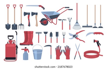 Garden tools set. Stickers with equipment for farming and agriculture. Secateurs, hose, rake, shovel, boots, ax and bucket. Design elements for site. Cartoon flat vector collection isolated on white