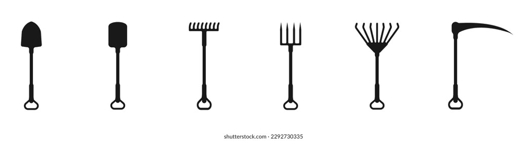 Garden tools set vector. Tools for cleaning the yard. Utility tools. Vector set Home cleaning supplies vector. Pitchfork, shovel, rake, scythe vector.