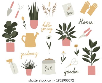 Garden tools set. Vector gardening elements: plants, flowers, watering can, scissors, pruning shears, hand trowel, rake, rubber gloves. Home garden, growing plants, happy gardening. Cottage core